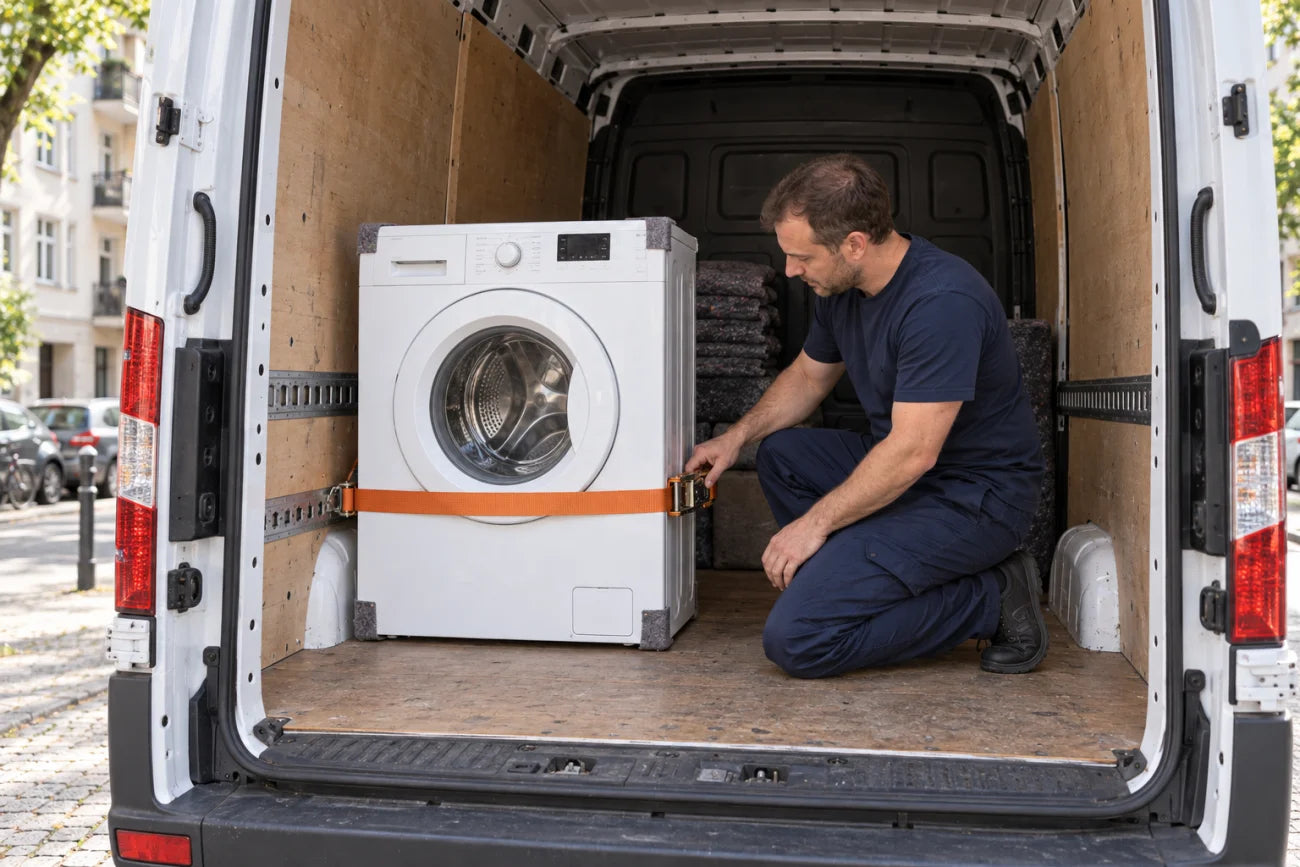 Mitarbeiter prüft die Sicherung einer aufrechten Waschmaschine im Transporter – KI-generiertes Symbolbild